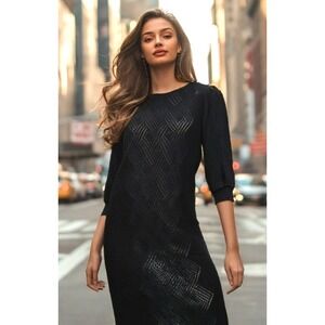 Vintage Savion Open Knit Midi Dress Sheer Center Puff Shoulder Black Size Large